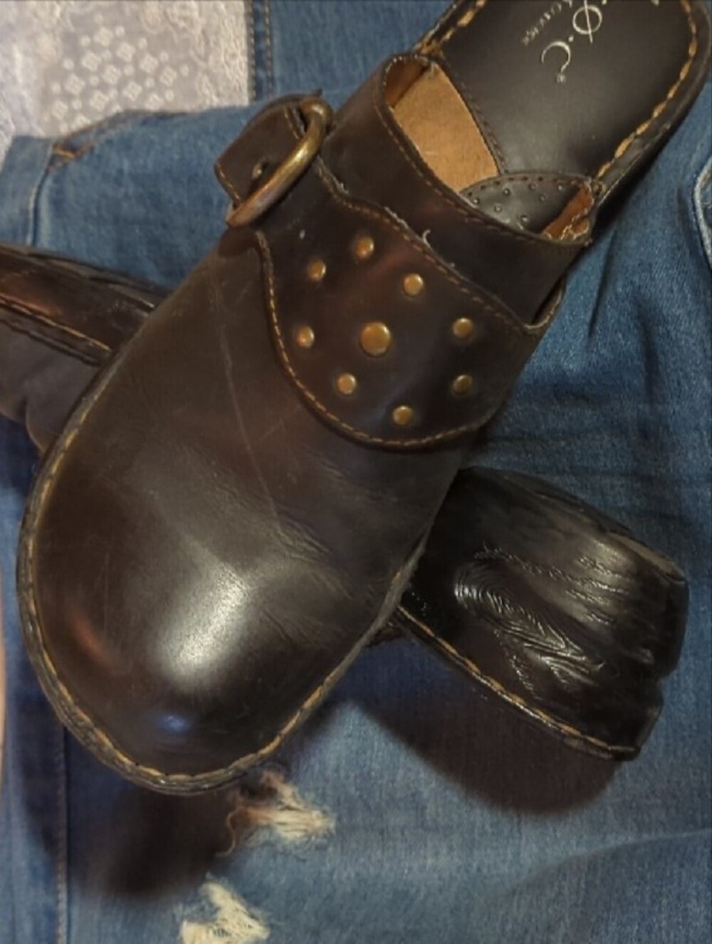 b.o.c. Black Leather Studded Slip-On Clogs